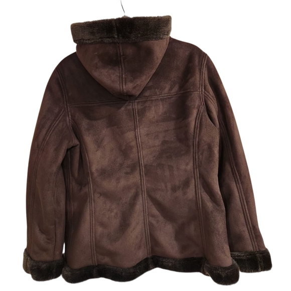 Sonoma Life+Style Womems Sz L Coat Brown Faux Suede & Fur Lined Hooded Pockets - Picture 2 of 12